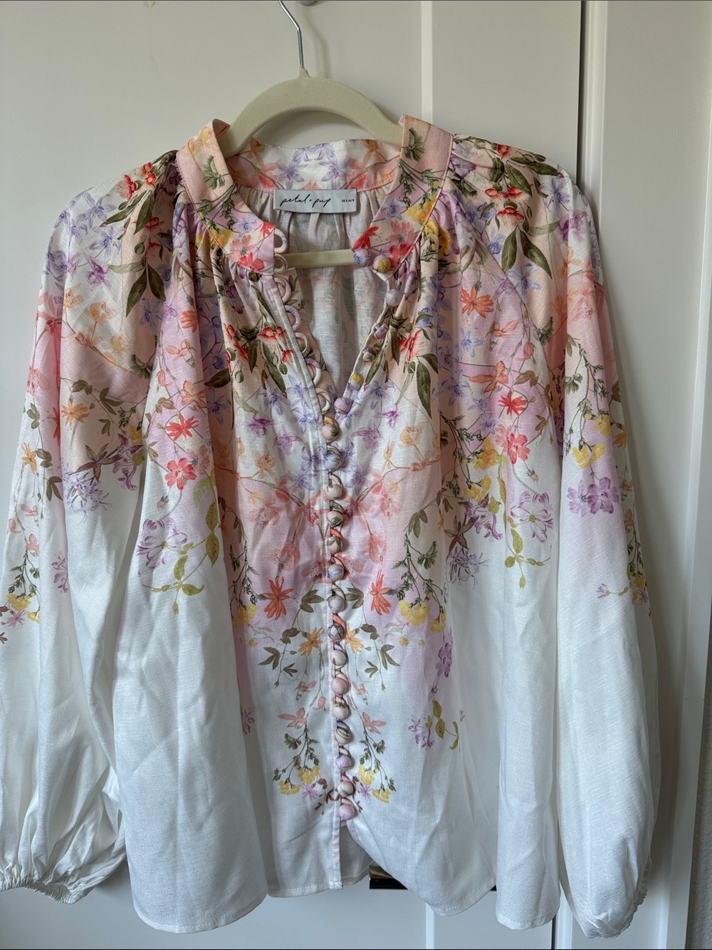 Petal & Pup White Floral Button-Up Blouse with Pink and Lavender Accents